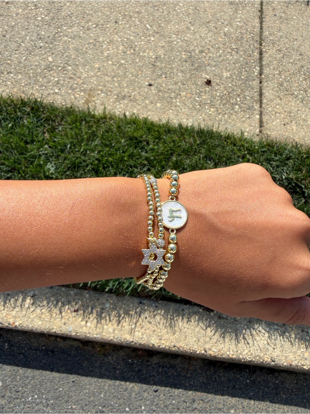 Gold Beaded Charm Bracelet Set with Star and Initial Disc